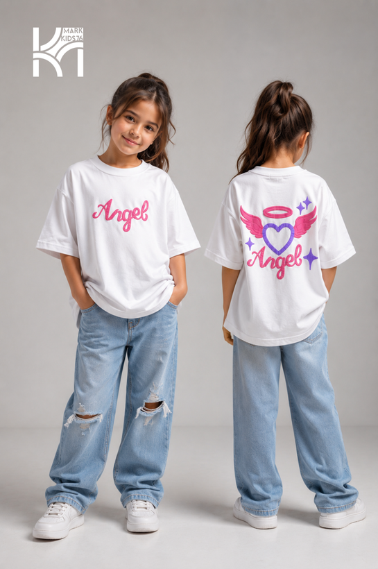 تیشرت سفید دخترانه طرح angel فرشته